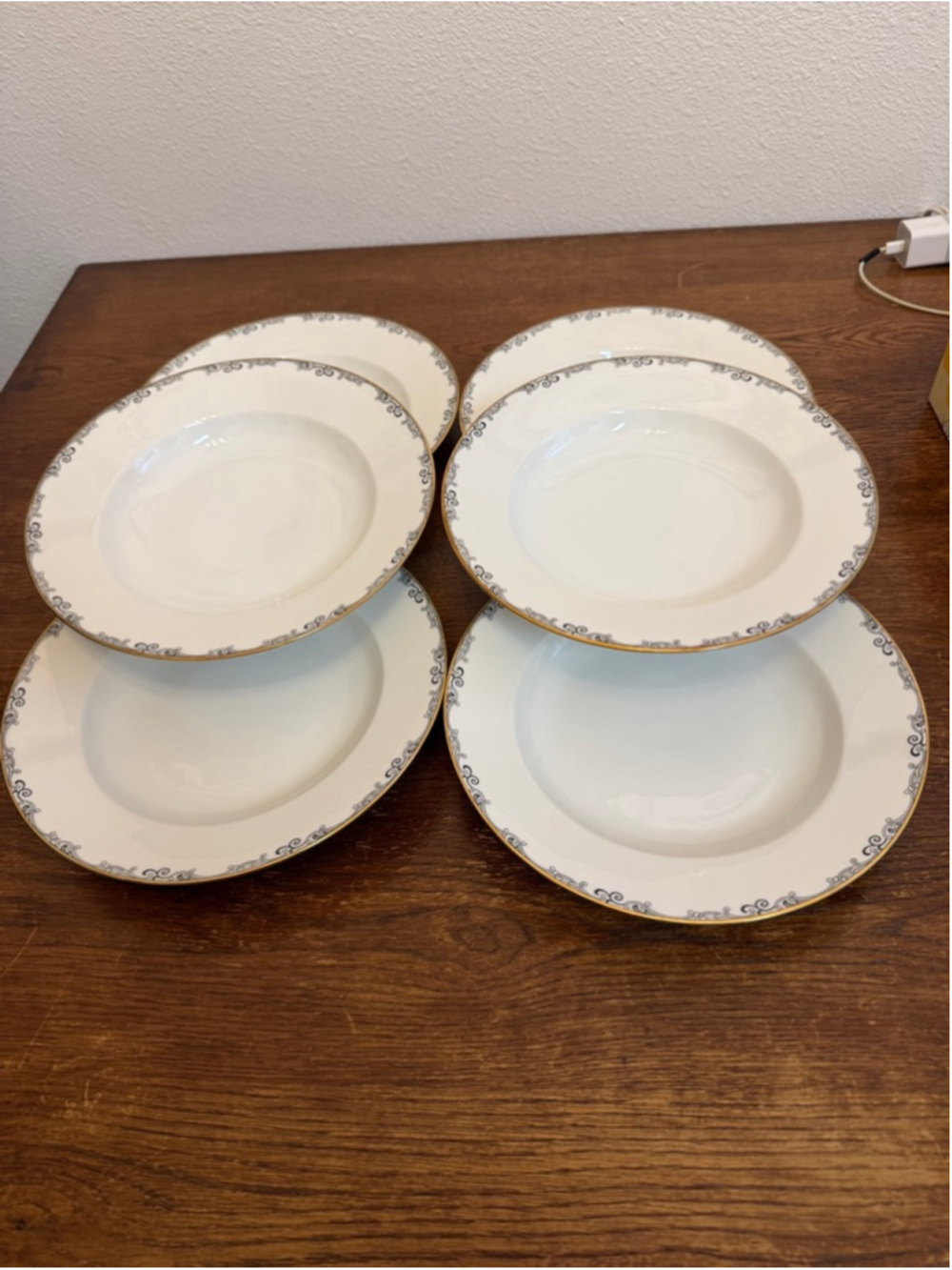Vintage Eschenbach Bavaria Germany 4583 Rim Soup Bowls Set of 6 Silver Scroll Go